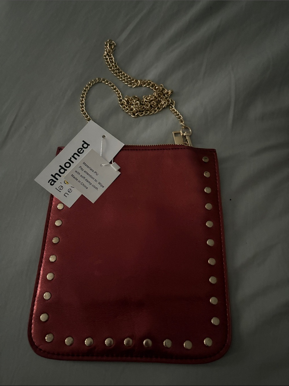 Adorned Red Studded Crossbody with Gold Chain